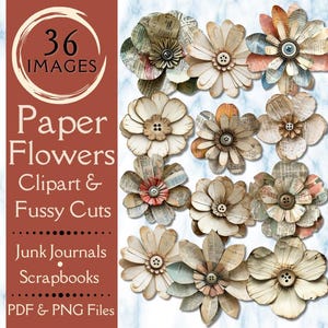 Vintage Papierblumen Fussy Cuts & Clipart für Junk Journals. Digitales Blumenbild aus Zeitungspapier, Knöpfen und altem Papier. PNG-Dateien