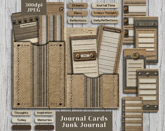 Journal Cards Junk Journal Kit. Digital paper of vintage cardboard journaling cards, folios, labels, and pockets. 300dpi JPEG images.