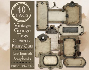 Vintage Grunge Junk Journal tags. Digital paper of neutral industrial tags for junk journals. Fussy cut steampunk tags & steampunk tags.