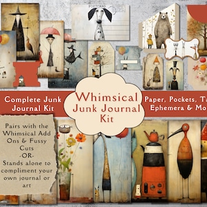 Kit Whimsical Junk Journal. Carta digitale primitiva Whimsical, tasche, etichette e materiale effimero per junk journal. Kit rustico country junk journal