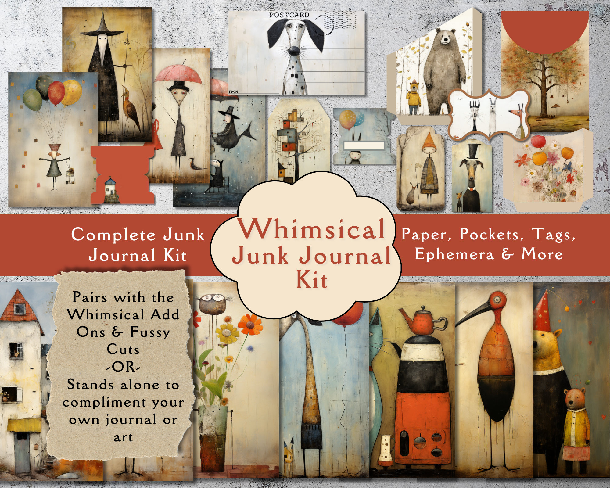 Whimsical Junk Journal Kit. Whimsical Primitive Digital Paper, Pockets ...