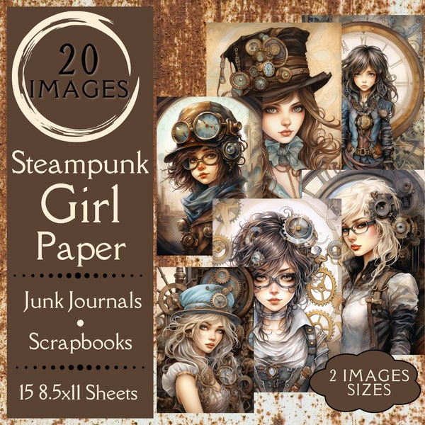 Steampunk Girl Junk Journal Paper. Steampunk digital paper of industrial woman for scrapbooks. For the Steampunk and grunge crafters.