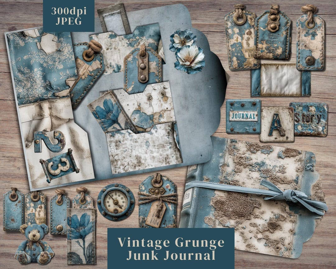Vintage Grunge Junk Journal Kit. Digital Paper of Blue Industrial Junk ...