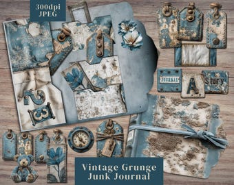 Vintage Grunge Junk Journal Kit. Digital paper of blue industrial junk journal folios with tags, labels, pocket & more. 300dpi JPEG images