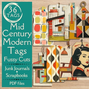 Mid Century Modern Tags für Junk Journals. Digitales Papier mit Retro-Motiven der 1950er Jahre. Für den Mid Century Modern Papierschleifer.