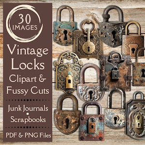 Vintage Locks Fussy Cuts for Junk Journals. Cyfrowy papier z clipartem antycznych zamków do albumów. Dla rzemieślników przemysłowych i prymitywnych.
