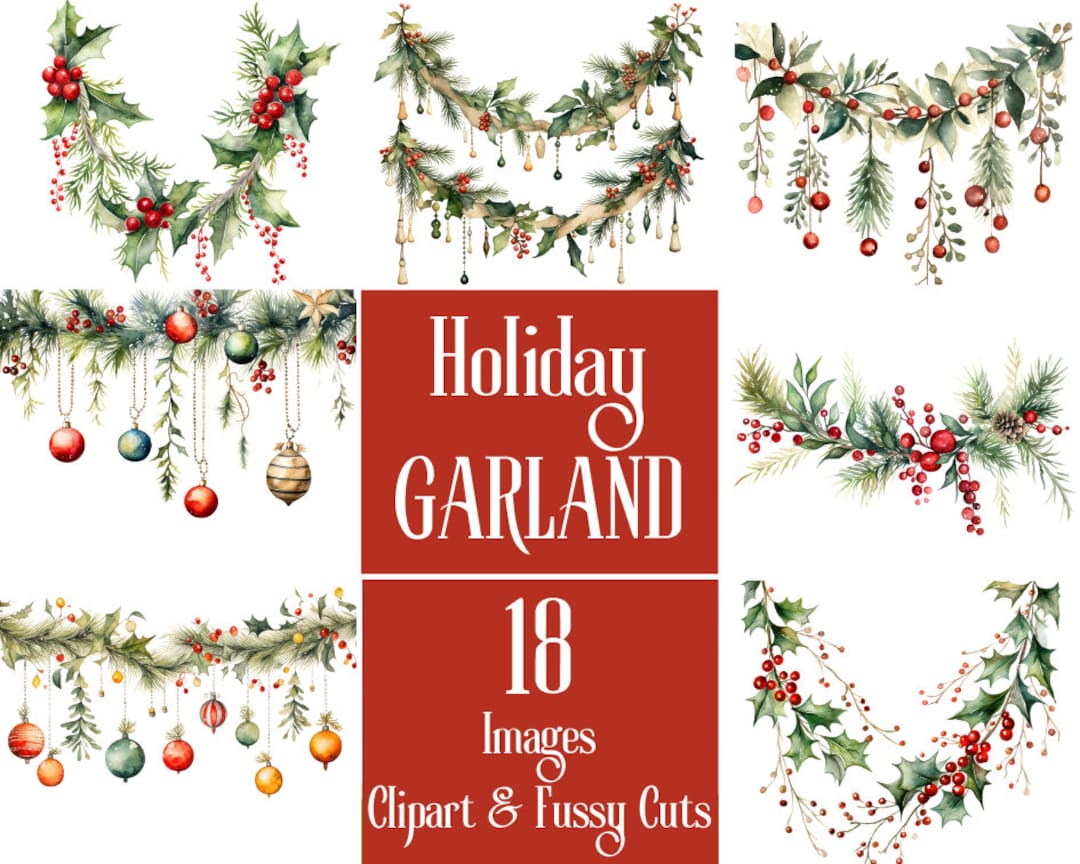 Watercolor Christmas Garland Fussy Cuts. Holiday Banner or Bunting Clipart  for Junk Journals and Scrapbooks. for the Holiday Crafter. - Etsy, image size:1080x864