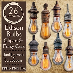 Puede incluir: Nueve bombillas Edison de estilo vintage con diferentes bases metálicas y filamentos brillantes. La imagen incluye el texto "26 Images" y "Edison Bulbs Clipart & Fussy Cuts", ideales para diarios basura y álbumes de recortes.