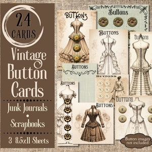 Vintage Button Cards Ongewenste tijdschriften. Digitaal papier met Victoriaanse knoopkaarten, kieskeurige uitsneden voor junktijdschriften. Antieke ephemera clipart.