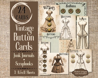 Może przedstawiać: Zestaw 24 vintage kart z guzikami, z ilustracjami sukienek z guzikami, idealny do scrapbookingu i junk journaling. Karty są wydrukowane na 3 arkuszach o wymiarach 8,5 x 11 cali.