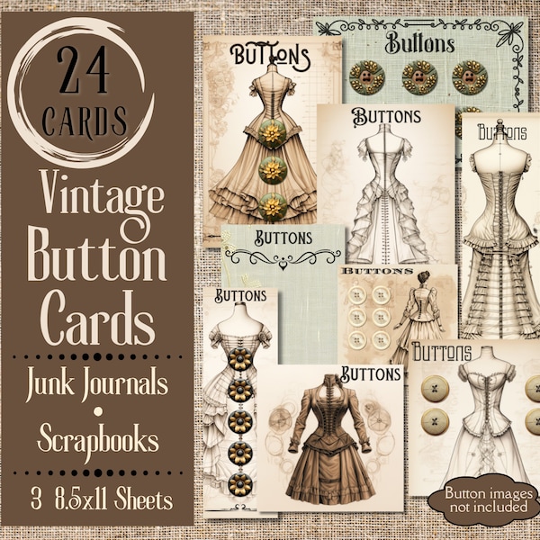 Vintage Button Cards Junk Journal Ephemera. Digital paper of Victorian button card fussy cuts for junk journals. Antique ephemera clipart.