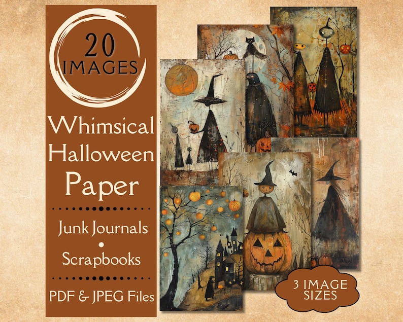 Whimsical Halloween Junk Journal Paper. Digital paper of pumpkins, witch, and zombies. Quirky Halloween scenes. Printable fall paper.