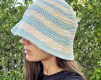 Baby Blue and White Sustainable Bucket Hat - Crochet