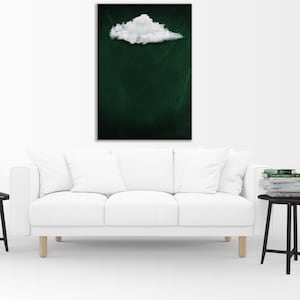 Minimalist Cloud, Wall Art Canvas, Emerald Green Wall Art, Dark Green Canvas,Neutral Surreal Artwork, Framed Canvas, Modern Giclee Art