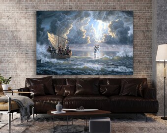 Jesus Walking on Water Canvas Print, Christian Wall Art, Xmas Gift