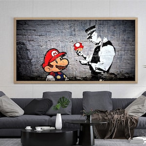 Super Mario, Banksy, Super Mario Grafitti, cartel imprimible de Mario, Mario con un policía, arte pop, arte callejero, graffiti, videojuegos Póster