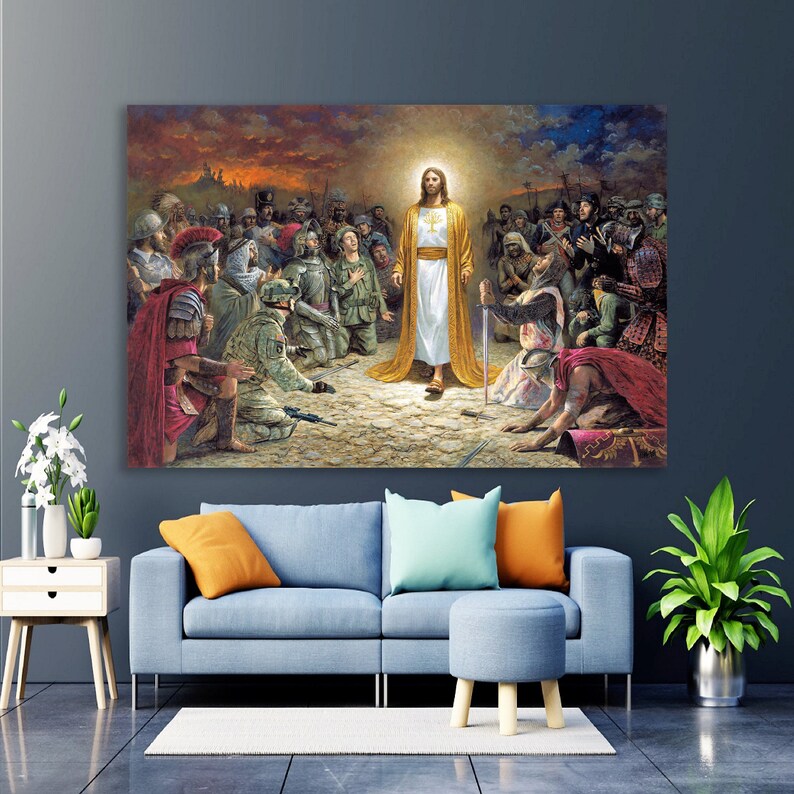 May include: A painting depicting Jesus Christ standing in the center of a group of people. The people are kneeling and looking up at Jesus. The painting is set against a backdrop of a cloudy sky and a distant city.