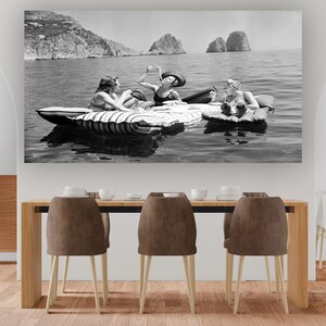 Eating Spaghetti on the Water Vintage Poster Print, Black and White Wall Art, Vintage Photo, Spaghetti Poster, Floating Luncheon, Funny Art