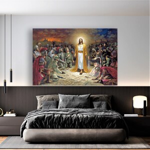 May include: A painting depicting Jesus Christ standing in the center of a group of people. The people are dressed in various clothing, including military uniforms and robes. The painting is set against a backdrop of a cloudy sky.