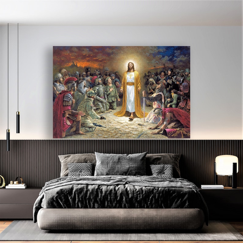 May include: A painting depicting Jesus Christ standing in the center of a group of people. The people are dressed in various clothing, including military uniforms and robes. The painting is set against a backdrop of a cloudy sky.