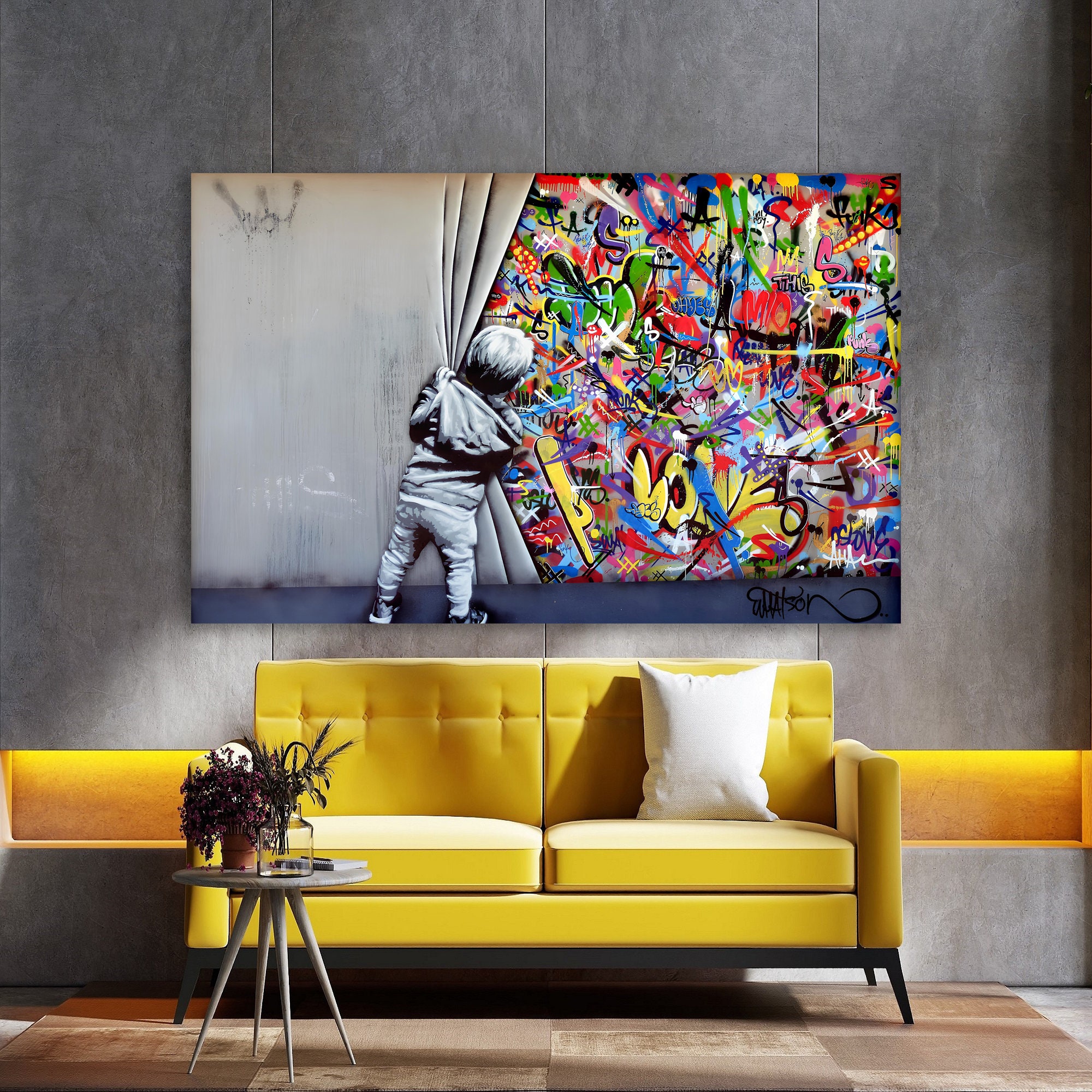 Kid Graffiti Wall Art Behind the Curtain Banksy Wall Art Etsy