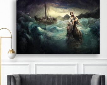 Jesus Walking on Water Canvas, Christian Wall Art
