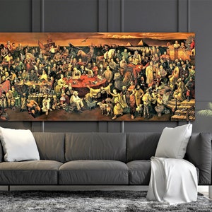 May include: A large, colorful painting depicting a diverse group of people gathered together in a scene reminiscent of a historical event. The painting features a variety of figures, including men, women, and children, all dressed in different styles of clothing. The scene is set against a backdrop of a cityscape and a body of water, with a variety of architectural elements and natural features visible in the background.