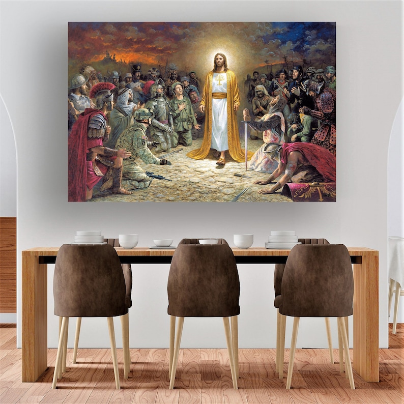 May include: A painting depicting Jesus Christ standing in the center of a group of people. The people are kneeling and looking up at Jesus. The painting is set against a backdrop of a sunset.