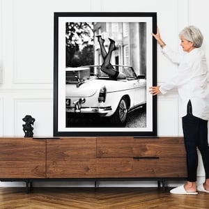 High Heels in Classic Car Poster, Fashion Wall Art, Fashion Photography, Vintage Wall Art, Vintage Modern Art, Black and White Fashion Photo