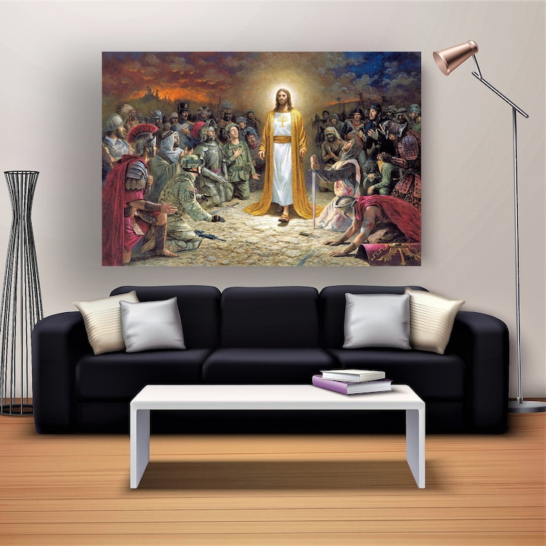 May include: A painting depicting Jesus Christ standing in the center of a group of people from different historical periods, including soldiers, knights, and modern military personnel. The scene is set against a dramatic backdrop of a sunset and a city skyline.