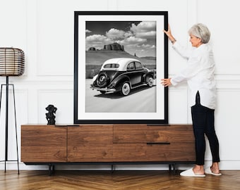 Impresión fotográfica de coche clásico en blanco y negro (descarga digital)