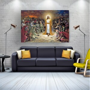 May include: A painting depicting a religious scene with Jesus Christ standing in the center of a group of people. The people are dressed in various clothing, some in Roman armor. The scene is set against a backdrop of a cloudy sky with a bright light shining down on Jesus.