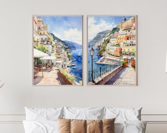 Positano Italy Watercolor Print Set: Amalfi Coast Cityscape (Digital Download)