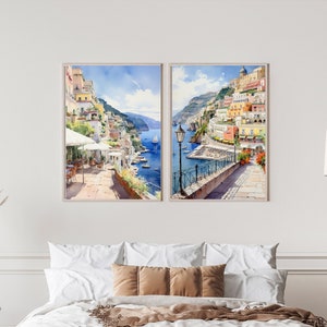 Positano Painting, Italy Watercolor Print, Set of 2 Gallery Prints, Amalfi Coast Italian Cityscape Artwork, Travel Wall Art, Gift, Download