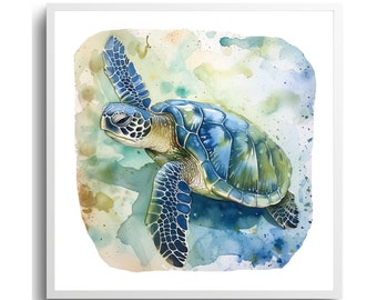 Sea Turtle Watercolor Art Print, Coastal Wall Art, Beach House Wall Decor, Ocean Nautical Sea Life Digital Download