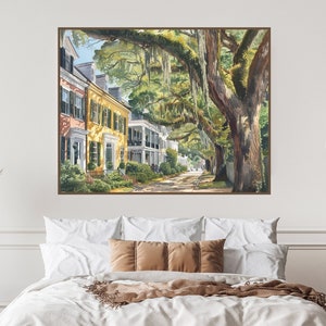Charleston Watercolor Print: Rainbow Row, Spanish Moss (Digital Download)
