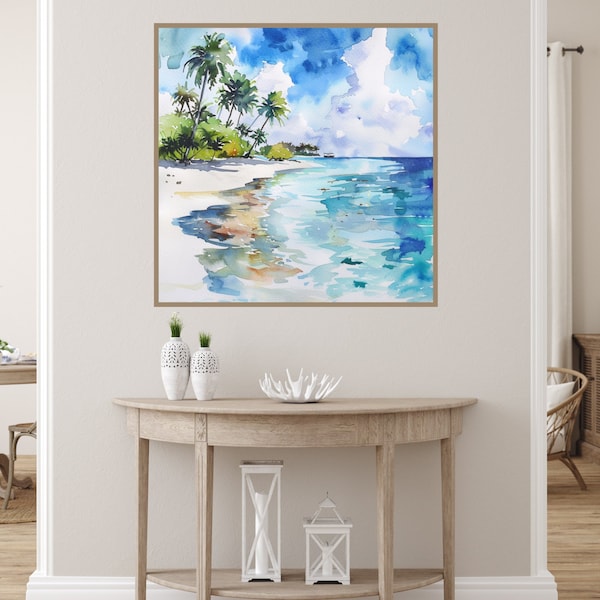 Maldives Art Print Island Watercolor Painting, Tropical Wall Art, Seascape Art, Palm Trees Artwork, Coastal Beach Print Printable Download