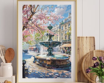 Paris Fountain Watercolor Art Print: French Cityscape (Digital Download)