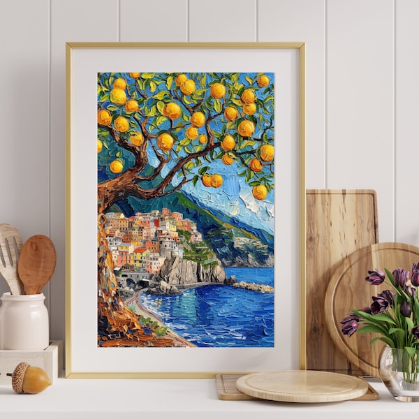 Van Gogh Inspired Amalfi Coast Lemon Tree Wall Art Van Gogh Inspired Oil Painting Italian Riviera Lemons Art Print Italy Travel Art Download