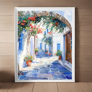 Naxos Malarstwo Grecka Sztuka Wydruku Grecja Kwiatowy Łuk Ścienny Sztuka Akwarela Malarstwo Grecja Podróż Sztuka Wydruku Natychmiastowe Pobranie