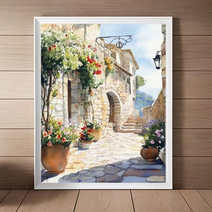 Pintura de acuarela de Èze France, impresión de la Riviera Francesa, arte mural francés, paisaje urbano colonial, póster de viaje urbano, regalo de viaje, descarga