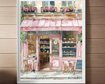 Lámina artística en acuarela de una pastelería parisina: Panadería francesa, paisaje urbano (descarga digital)
