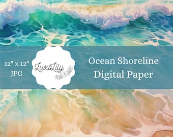 Aquarell Strand Digitales Papier: Aqua Ozean Landschaften (Digital Download)
