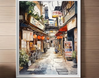 Lámina de un callejón de Shinjuku: Acuarela de un paisaje urbano de Tokio (Descarga digital)