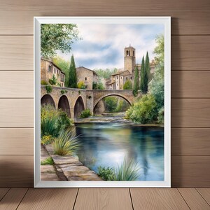 Besalu Spain Painting, Catalonia Wall Art, Spain Watercolor Art Print, Cityscape Art, Europe Travel Art, European Art, Spanish Travel Gift