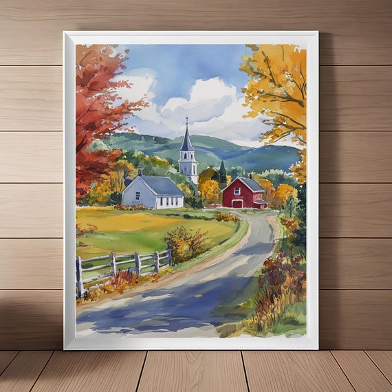 Vermont Landscape Watercolor Art Print: Vintage Fall Decor (Digital Download)