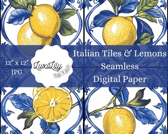 Op de afbeelding: Een naadloos digitaal papierontwerp met blauwe en witte Italiaanse tegels met gele citroenen en groene bladeren. Het ontwerp is 30,48 cm bij 30,48 cm en is beschikbaar als JPG-bestand. De tekst "Italian Tiles & Lemons Seamless Digital Paper" wordt weergegeven op de afbeelding.