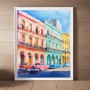 La Habana Cuba Watercolor Print, Cuban Painting, Historic Havana Wall Art, 1950&#39;s Cars, Cuba Travel Poster, Travel Gift Printable Download