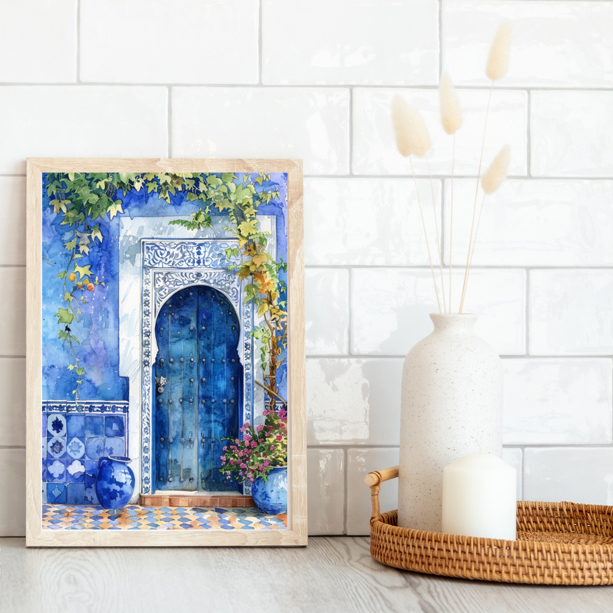 Moroccan Blue Door Watercolor Art Print: Marrakesh Travel Poster