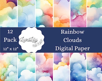 Watercolor Rainbow Clouds Digital Paper: 12"x12" Scrapbook Backgrounds (Digital Download)